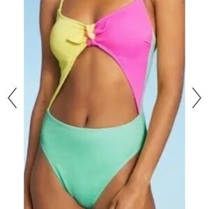 Xhilaration Ribbed Colorblock Tie Front One Piece Swimsuit Size M